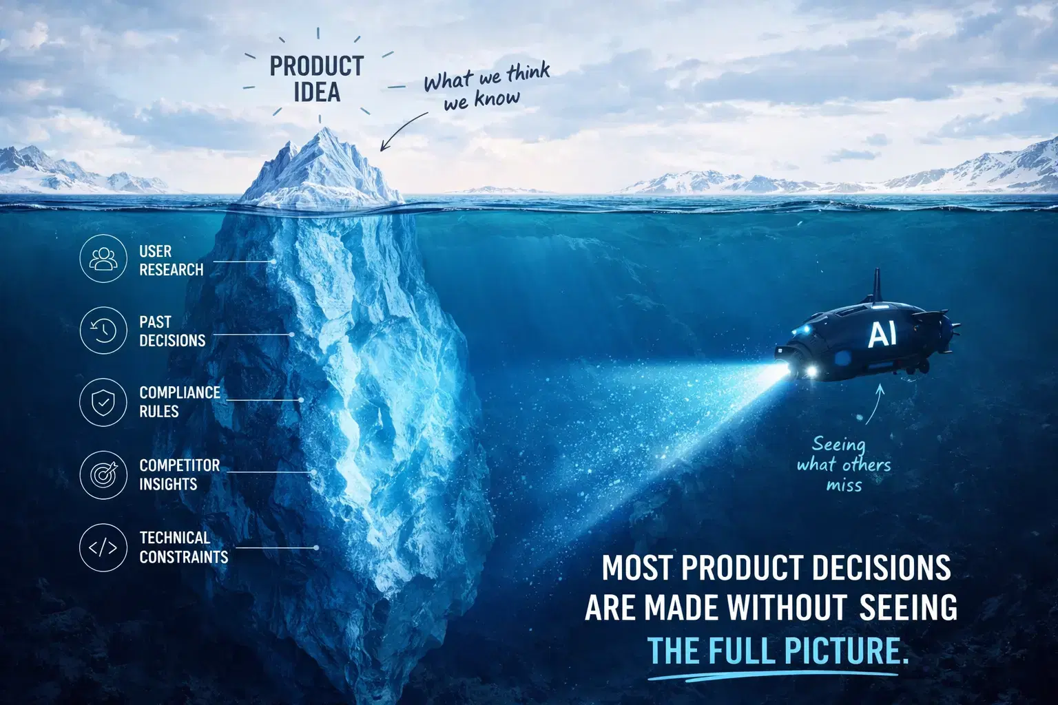 Illustration of an iceberg labeled "Product Idea" above water ("what we think we know"), with a much larger submerged portion showing hidden factors like user research, past decisions, compliance rules, competitor insights, and technical constraints. An AI submarine shines a light beneath the surface, symbolizing deeper insights, alongside the text: "Most product decisions are made without seeing the full picture."
